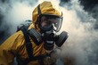 A man in a protective suit and mask standing amid smoke, close-up shot. An atmosphere of tension and danger