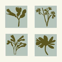 Wall Mural - Handmade linocut pressed floral set vector motif clipart in whimsical scandi style. Folkart simple block print sprig shapes with woodcut effect collection.