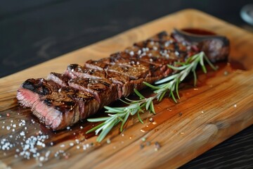 Wall Mural - Medium rare sliced grilled striploin beef steak served on wooden board 