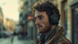 Young man with headphones lost in thought on city street. casual urban style, contemplative mood captured. modern lifestyle portrait. AI