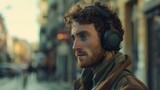 Fototapeta  - Young man with headphones lost in thought on city street. casual urban style, contemplative mood captured. modern lifestyle portrait. AI
