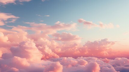 Poster - Blue sky with fluffy pink clouds at sunset, dawn of the day. Warm pastel colors, serene romantic background.