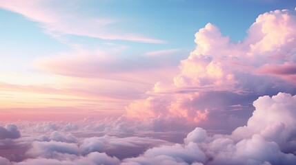 Poster - Blue sky with fluffy pink clouds at sunset, dawn of the day. Warm pastel colors, serene romantic background.