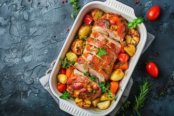 Wall Mural - Rolled sliced pork roasted in white casserole dish with potatoes, vegetables and herbs on blue dark concrete rustic background top view. Baked pork roll with vegetables for dinner. 