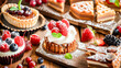 Tasty and delicious desserts such as waffles, cupcakes, tarts, cookies, cakes, and fruit with berries on a wooden table