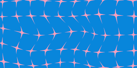 Trippy psychedelic pattern of pink stars on blue background. Retro abstract design in y2k style