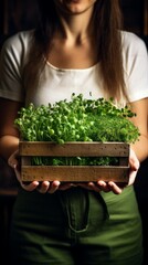 Wall Mural - Close-up of a woman holding a box with a growing microgrowth. Agribusiness, growing organic eco-products, City Farmer, Healthy Lifestyle, Nutrition, Vegetarian concepts.