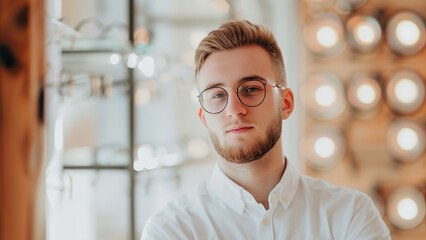 Sticker - Young man in optic store trying on new glasses