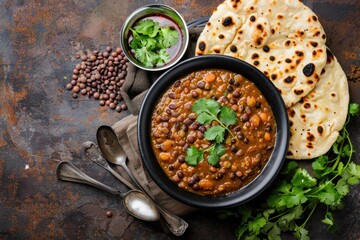 Wall Mural - Traditional Indian Punjabi dish Dal makhani with lentils and beans in black bowl served with naan flat bread, fresh cilantro and two spoons on brown concrete rustic table top view. 