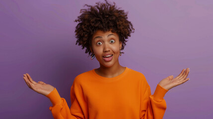 Canvas Print - A woman in an orange sweater is showing a highly animated expression of surprise with wide eyes and mouth open, hands raised in an expressive gesture.