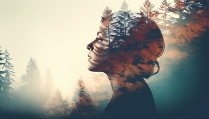 Wall Mural - Double exposure of a woman and nature concept, In concept of nature and peace of mind.