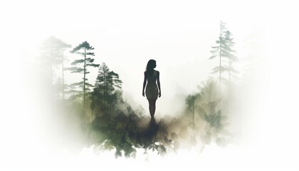 Wall Mural - Double exposure of a woman and nature concept, In concept of nature and peace of mind.