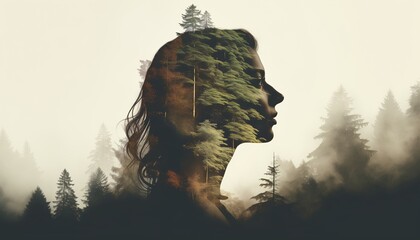 Wall Mural - Double exposure of a woman and nature concept, In concept of nature and peace of mind.