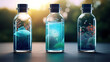 Blank bottle container, sea in the bottle. Three glass bottles on blurred background. Advertisement for liquid soap or cosmetics.