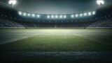 Fototapeta Sport - Soccer stadium illuminated at night, radiating energetic and motivational atmosphere. The bright stadium lights cast a glow over the lush green field, readying the scene for a thrilling game. AI