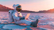 An astronaut sits against a snowy backdrop, deeply engrossed in using a laptop during dusk with soft pink light