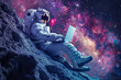 Vibrant image of an astronaut engaging with a laptop amidst the multicolored canvas of the cosmos, signifying human quest and connection