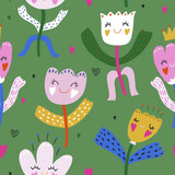 Fototapeta Dinusie - Cute dancing flowers seamless pattern. Childish funny floral print for fabric, textile. Vector texture.