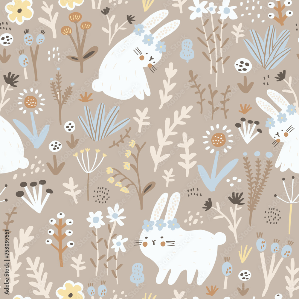 Seamless childish floral pattern with cute hand drawn rabbits. Creative ...