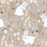 Fototapeta Dinusie - Seamless childish floral pattern with cute hand drawn rabbits. Creative pastel kids hand drawn texture for fabric, wrapping, textile, wallpaper, apparel. Vector illustration