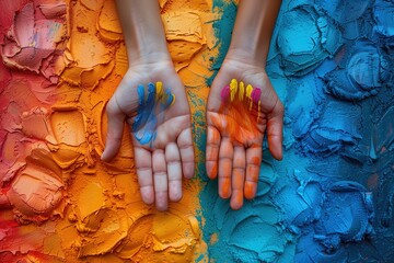 Two hands are presented with a splash of vibrant colors on an abstract background, signifying creativity and expression