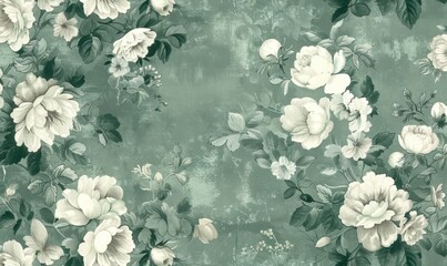  Floral wallpaper design in timeless hues, beautifully contrasted against a deep green background