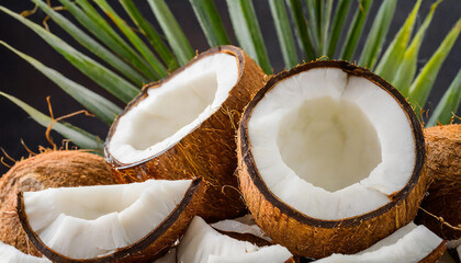 Wall Mural - Exotic chopped fresh coconuts and palm leaves. Tropical fruit.