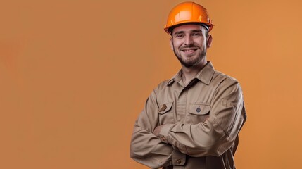 Wall Mural - orange helmet and khaki worker uniform smiles, copy space - generative ai