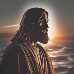 Jesus Christ silhouette with the sunset coast.