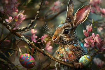 Wall Mural - Colorful Easter Egg Basket Alleluia. Happy easter Season bunny. 3d congratulations card hare rabbit illustration. Cute easter monday festivals festive card Eggciting copy space wallpaper backdrop