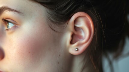 Close-up of a woman's ear with a silver earring, brown hair, and green eyes. Soft background blur highlights the earring and features, exuding sophistication and charm.