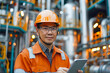 © suriya - Male engineer using tablet standing front of oil refinery, Industry zone gas petrochemical, Factory oil storage tank and pipeline