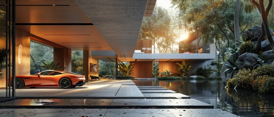 Leinwandbilder - A rendering of a modern building with an empty concrete floor, a background of a car presentation.