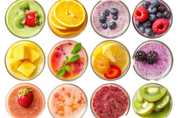Poster - The top view shows a variety of fresh fruit smoothies isolated on a white background.