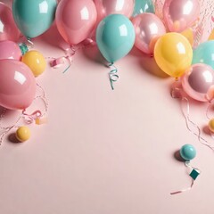 Canvas Print - birthday balloons and confetti on pastel background, copy space birthday balloons and confetti on pastel background, copy space happy new year. party celebration concept. top view