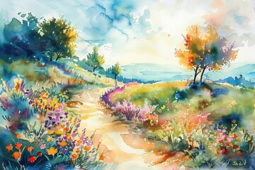 Wall Mural - A picturesque illustration of a peaceful countryside with colorful flowers and a serene lakefront