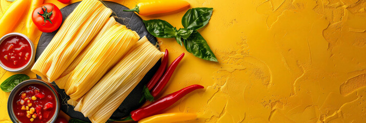 Poster - Mexican  tamales of corn leaves with chili and sauces  on a yellow  backdrop. Mexican traditional food banner with top view and a big space for text or product
