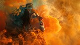 Fototapeta Kosmos - Enveloped in a vibrant plume of orange smoke, a woman becomes one with the vivid hues.