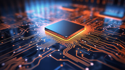 Modern Computer CPU or Processor Chip Mounted On A Printed Glowing Circuit Board, Science and Technology Concept