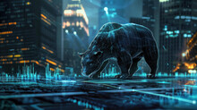 Concept Art Of Bearish Down Financial Market In Futuristic Style With 3D  Bear And Futuristic Environtment UI And City Buildings, Generative AI