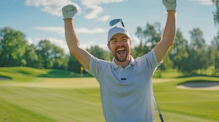 A golfer celebrating a hole-in-one, with arms raised in triumph and a big smile on their face.