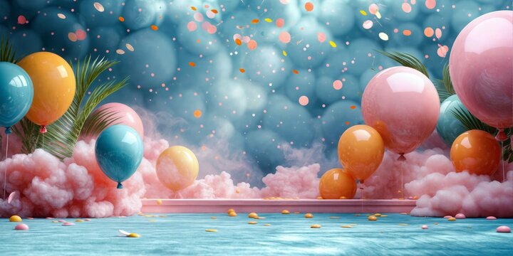  A pastel-colored podium with floating balloons and confetti for a festive summer sale