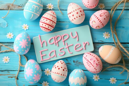 Colorful Easter Egg Basket Vibrant. Happy easter Blossom bunny. 3d Scene Composition hare rabbit illustration design. Cute Easter fun festive card Eggciting surprises copy space wallpaper backdrop