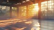 A judo dojo at sunrise, with light streaming through the windows, creating a serene and peaceful atmosphere for practice.