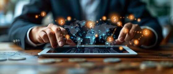 Poster - Dollar yuan yen euro and pound sterling signs, global business and currency exchange concept, money, finance, and businessman holding tablet with virtual world map effect.