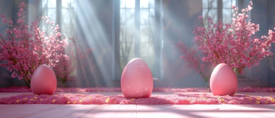 Poster - Easter holiday. Bright blank background with egg. 3D rendering