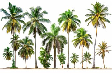 Poster - Isolated coconut and palm trees on white background, the collection of trees. Large trees grow in summer, making the trunks tall.