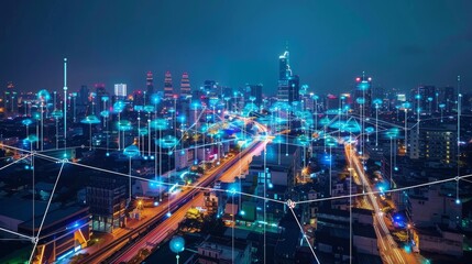 Poster - Communication network concept of a smart city. 5G.  Wireless communication.