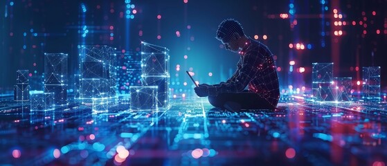 Poster - AI and IoT concept. Businessman using a smartphone, laptop computer on technology background, 4.0 industrial development, remote control, blue tone.
