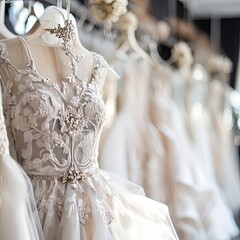 Wall Mural - Elegant and sophisticated bridal gown hanging on a hanger. Hanging on a hanger in the bridal shop boutique salon are black and white wedding dresses. close-up